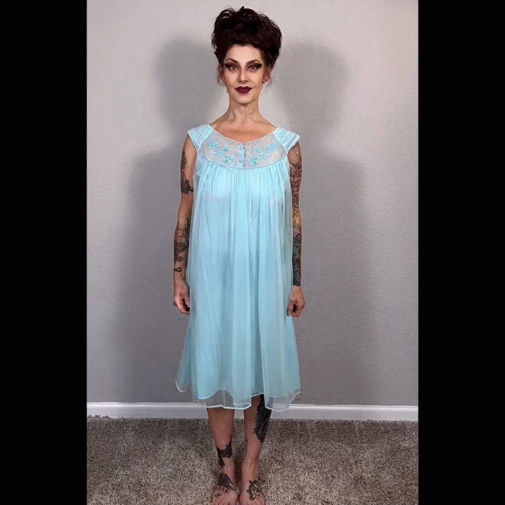 60s Bright Blue Babydoll Double Layer Lingerie Embroidered Floral Mod Pinup M L - Picture 2 of 15